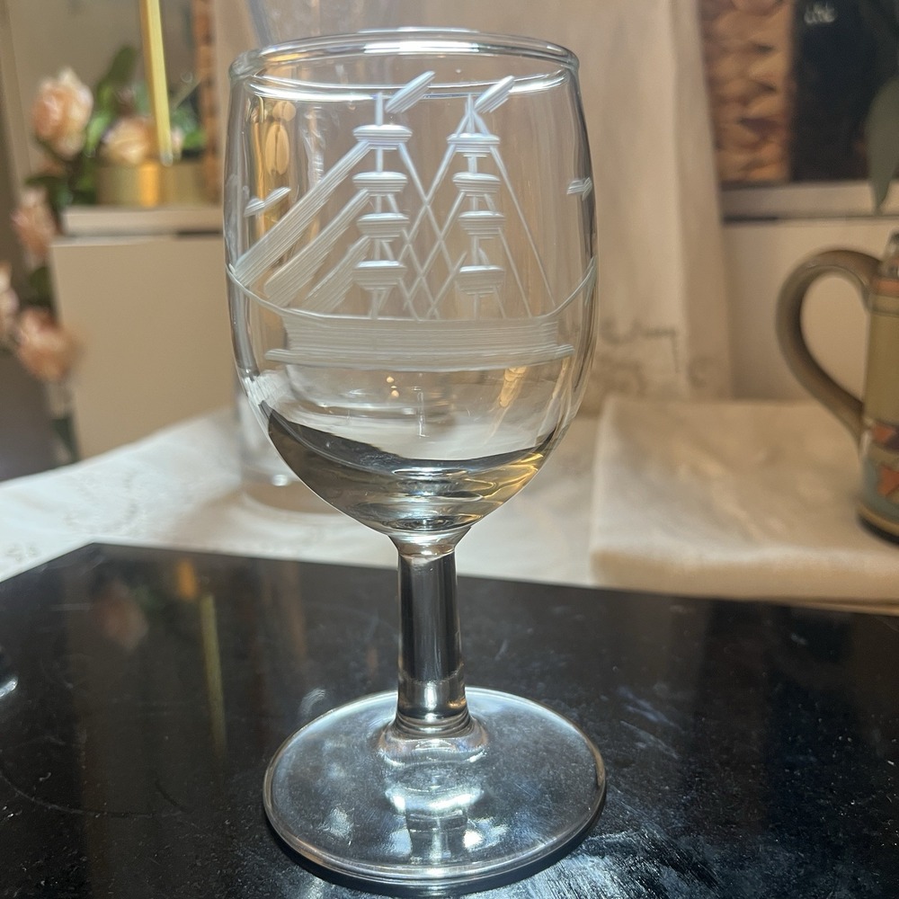 Javit Wine Glasses Etched‎ Clipper Ship Nautical Sailboat Sea Short 5" Set Of 3